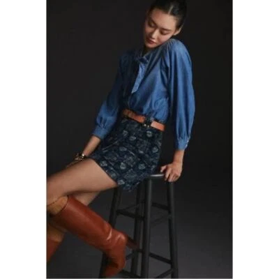 Anthropologie Pilcro Skirt Women's Size 4 Corduroy Mini Blue Floral NEW - Image 1 of 4