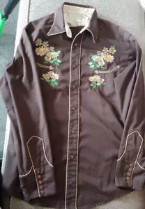 Corda uomo vintage? Donna? Camicia XL manica lunga marrone western snap floreale Denver - Foto 1 di 2