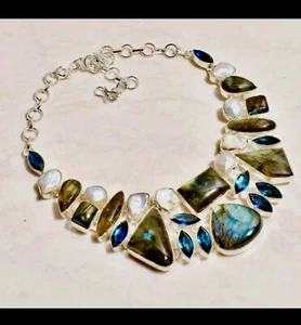Lovely Lady Labradorite Biwa Pearl Handmade Big Necklace Jewelry 94 Gms - Picture 1 of 5