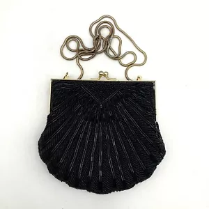 Vintage schwarz & goldfarbene Muschel Clutch oder Schultertasche Kuss Lock - Bild 1 von 16