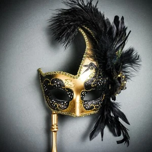 Gold Black Sexy Womens Masquerade Side Feather Mask with Stick Party Mask Prom - Picture 1 of 5