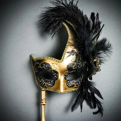 Gold Black Sexy Womens Masquerade Side Feather Mask with Stick Party Mask Prom - Image 1 of 4