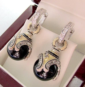 SALE ! BEAUTIFUL MADE OF STERLING SILVER 925 EARRINGS w/ GENUINE ONYX & ENAMEL - Picture 1 of 1