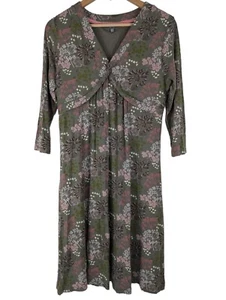Laura Ashley Jersey Dress Green Floral Pleated 3/4 Long Sleeve Stretch Size 14 - Picture 1 of 9