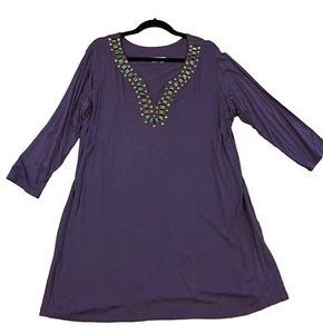 NEW Joyous & Free Beaded Jeweled Purple Stretch 3/4 Sleeve Tunic Mini Dress XL - Picture 1 of 12
