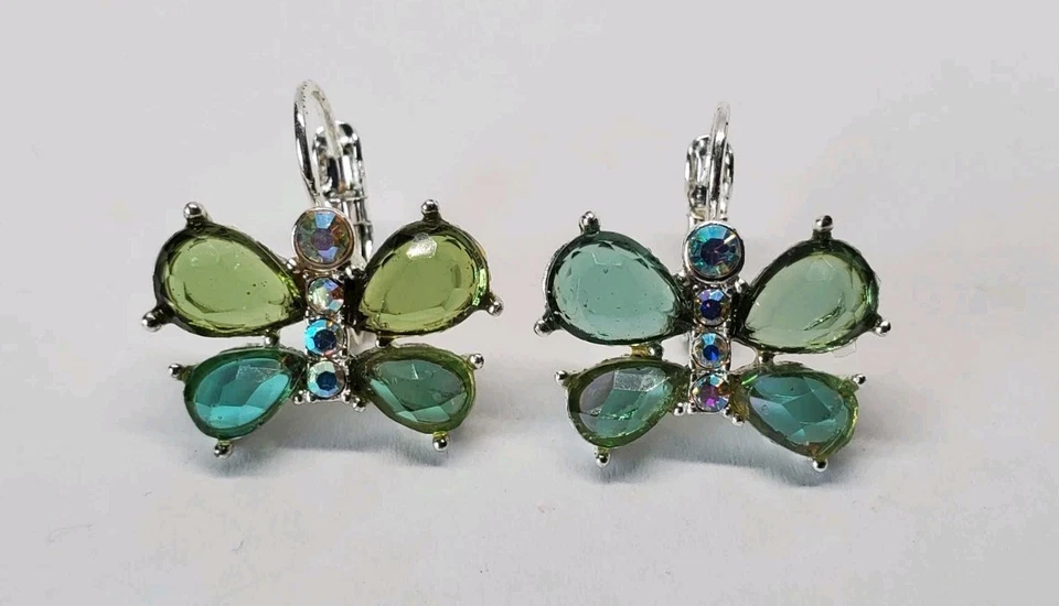 Avon Green Iridescent Faceted Butterfly Earrings Y2K Aurora Borealis - Image 1 of 4