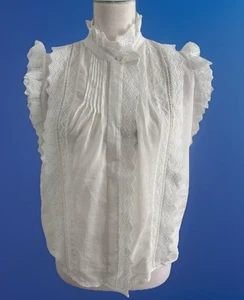 FRAME High Neck white button front eyelet Flutter Sleeve Blouse. Sz M EUC - Picture 1 of 8