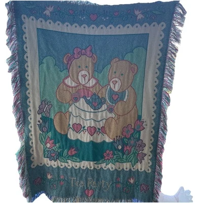 Vintage Teddy Bear Tea Party Tapestry Picnic Blanket Fringe  45” X 32” - Image 1 of 4