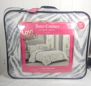 Juicy Couture Grey/White Tiger Stripes Plush 4pc Queen Comforter Set Soft & Cozy - Picture 1 of 3
