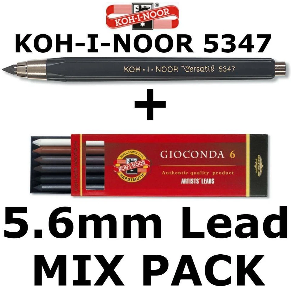 KOH-I-NOOR 5347 MECHANICAL PENCIL + 5.6mm 6 PACK MIX LEADS 2B 4B CHARCOAL SEPIA