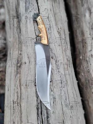 Cuchillo Bowie Hecho a Mano Personalizado Mango Espiga Completa Cuchillo Hoja Fija Mango de Hueso de Camello Foto 1 de 3