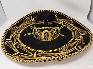 VINTAGE SAN FRANCISCO SUPER EXTRA MEXICAN BLACK VELVET SOMBRERO MARIACHI HAT 23" - Picture 1 of 12