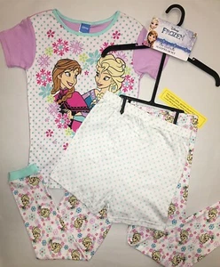 Frozen Pajamas Size 10 12 Girls Elsa Anna 100% Cotton Top Shorts Pants Set NWT - Picture 1 of 4