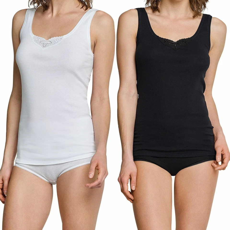 Schiesser Damen Trägertops, Tops mit Stickerei, 2er Pack, Unterhemden , Feinripp