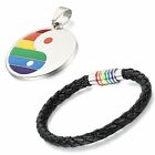 2PCS Stainless Steel LGBT Rainbow Gay Pride Lesbian Necklace Leather Bracelets