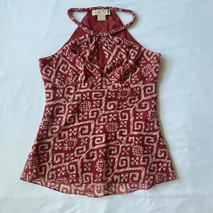 Michael Kors Top 6 Silk Red Batik High Neck Grecian Greek Braided Empire Keyhole - Picture 1 of 20