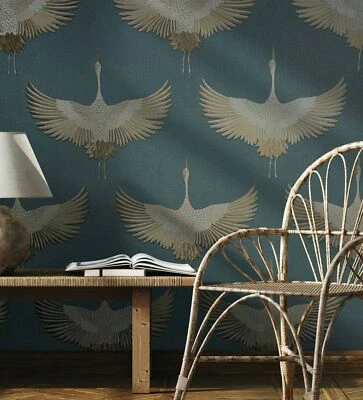 Non-woven Wallpaper Crane Birds Textile Look Blue Copper Metallic 34531 (5,13€/1sqm) - Image 1 of 4
