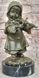 Hand Made Bronze Sculpture Statue Girl Playing Violin Signed Patoue Artwork - Picture 1 of 10