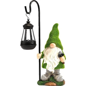 Flocked Solar Garden Gnomes Outdoor Statues 15.8&#8221;Outdoor Garden Decor LED  - Picture 1 of 8