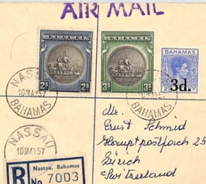 BAHAMAS KGVI Cover Air Mail Nassau Registered SWITZERLAND Zurich 1957 ZN76 - Picture 1 of 8