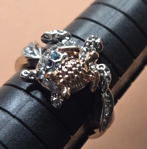 Mother Child SILVER & GOLD Tri tones TURTLE Aquamarine RHINESTONE RING SIZE 6.75 - Picture 1 of 13