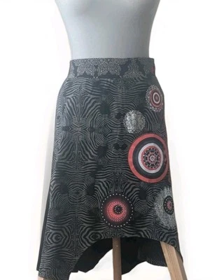 DESIGUAL Graphic A Line Skirt Sz L Art Embellished Stretch Pockets Geisha Cotton Foto 1 de 4