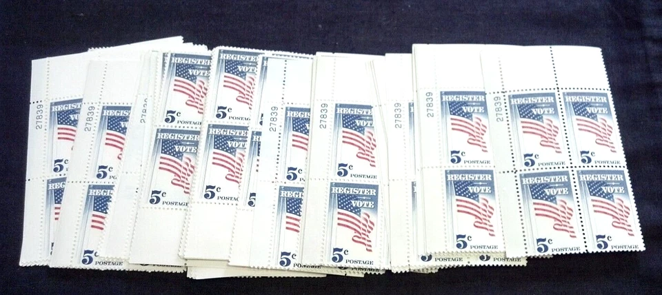 DEALER LOT (57) 1964 5c REGISTER AND VOTE PLATE BLOCK (4) POSTAGE STAMPS (1833) - Image 1 of 1