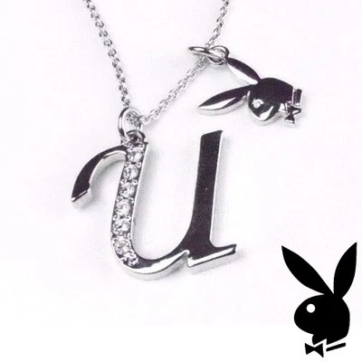 Collar Playboy Inicial Letra U Colgante Conejito Dije Cristales Platinado Foto 1 de 4
