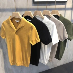 Herren Mode V-Ausschnitt Strick T-Shirt Einfarbig Kurzarm Freizeitshirt - Bild 1 von 13