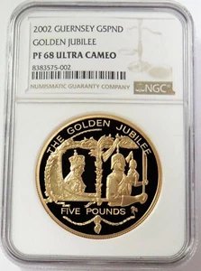 2002 GOLD 100 MINTED GUERNSEY 5 POUNDS PIEDFORT GOLDEN JUBILEE NGC PROOF 68 UC - Picture 1 of 2