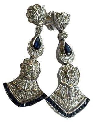 PENDIENTES COLGANTES VINTAGE ESTILO ART DECO ORO BLANCO 18K ZAFIRO AZUL DIAMANTE Foto 1 de 4