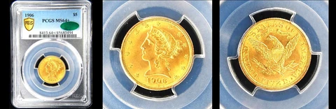 1906 $5 PCGS/CAC MS64+ POP 23 & ONLY 148 FINER LIBERTY HEAD HALF EAGLE Cover