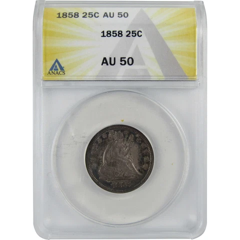 1858 Seated Liberty Quarter AU 50 ANACS 90% Silver 25c SKU:I3833 Cover