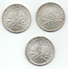 France, lot de 3 pièces coins, 1 franc 1915, 1 franc 1916, 1 franc 1917 argent