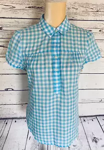 Blusa pequeña Old Navy para mujer manga corta a cuadros azul blanco cuello suave - Imagen 1 de 9