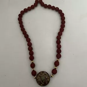 Antique Cinnabar Carved bead Necklace W/Cloisonné /14k Balls / 26 Inch - Picture 1 of 5