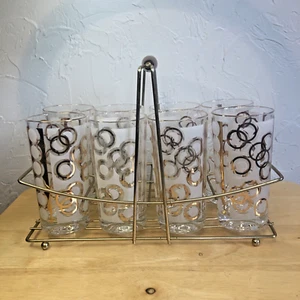 Vintage Set of 8 MCM High Ball Glasses 10 oz White, Gild, Circles with Caddy - Picture 1 of 19