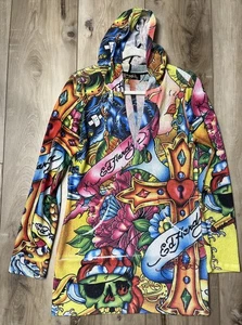 Vintage Ed Hardy Womens Y2K Hooded Sweater Tunic Dress Print Size XL USA - Picture 1 of 10