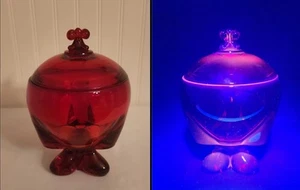 Vintage MCM VIKING Glass Ruby Red Three Foil Lidded Candy Dish Cadmium Glows - Picture 1 of 12