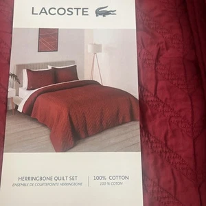 Lacoste Queen Quilt + 2 Std Shams Herringbone Deep Red Cotton New - Picture 1 of 5