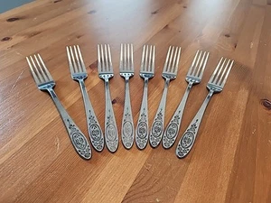 Set Of 8 Stainless Steel Made In Japan Rose Pattern 7.75" Dinner Forks - Picture 1 of 7