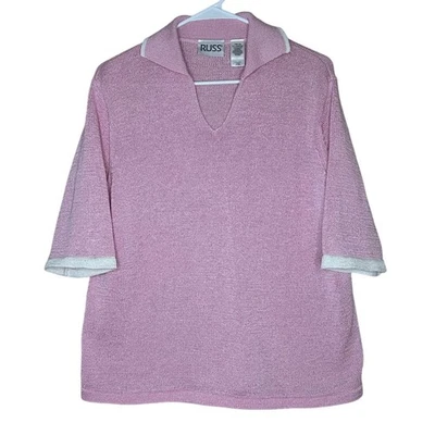 Russ VTG Women's Knit Top Tunic Sweater Pink White Trim Collared XL Pullover - Image 1 of 4
