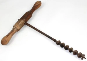 Antique Primitive T Handle Wood Iron Auger Barn Beam Hand Drill ~ 17" - Picture 1 of 6