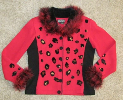 Cardigã vintage Berek 2 anos 90 vermelho preto SWEATER animal chita Natal pena tamanho M - Imagem 1 de 4