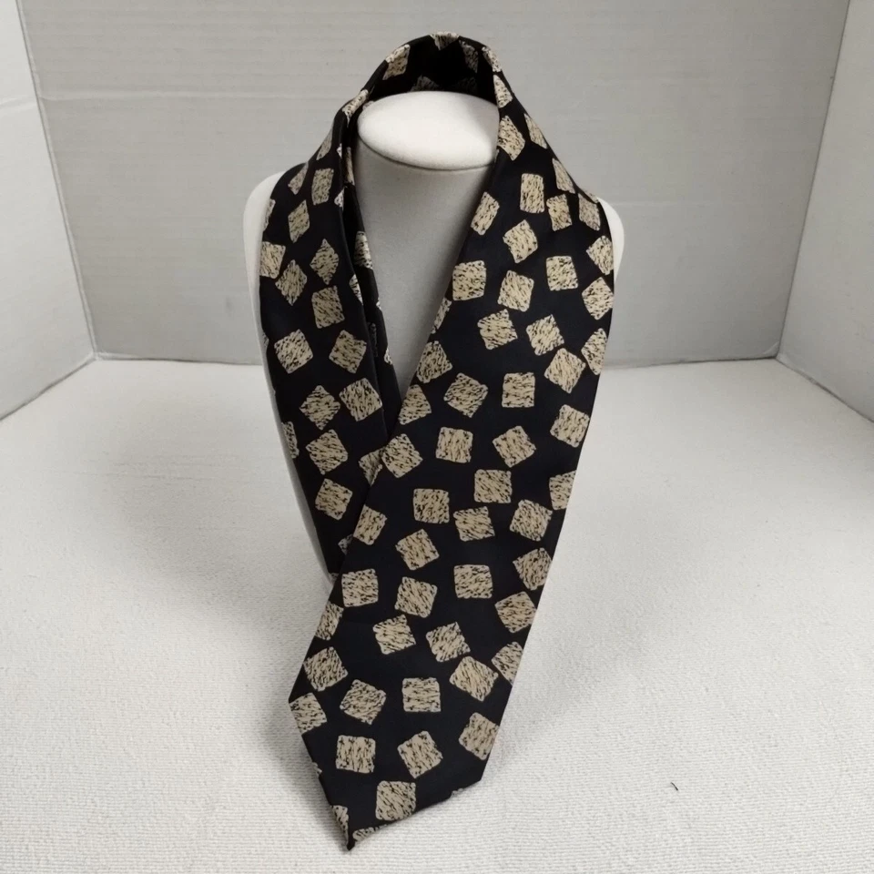 GIVENCHY MONSIEUR Men's 100% Pure Silk Necktie Black Color Beige Squares Pattern - Image 1 of 1