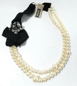 Lee Angel Neiman Marcus Women's Pearl Grosgrain Crystal Bow Necklace NWT 259 - Picture 1 of 5