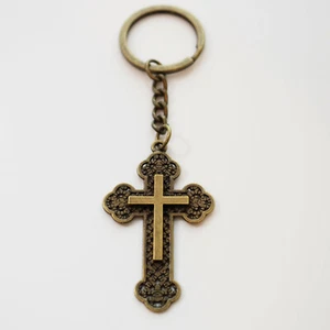 Cross Design Christian Christianity Keychain Pendant Gift Key Chain Ring Bronze - Picture 1 of 10