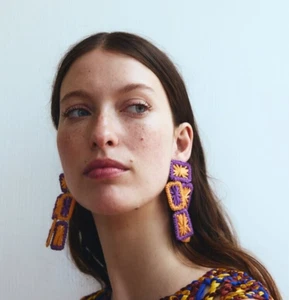 ZARA bunte gewebte lila orange Raffia übergroße Ohrhänger 4340/204 - Bild 1 von 6