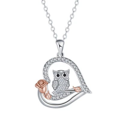 European Women Rose Owl Heart AAA CZ Pendant Necklace Chain Silver Plated - Image 1 of 4
