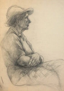 Dibujo a lápiz original vintage retrato de anciana - Imagen 1 de 14